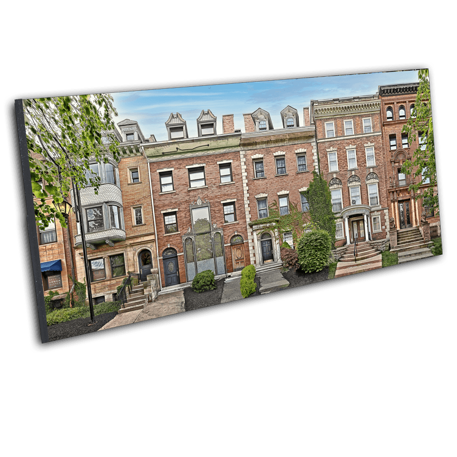 Angled view of Midway Row Houses - Buffalo images print, highlighting unique architectural details in a vibrant, nostalgic streetscape.