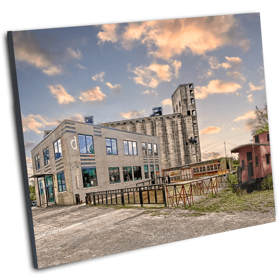 Wall art print of Duende Bar Photo - Buffalo by Jman Photography, showcasing the iconic Silo City landmark under a colorful sky.