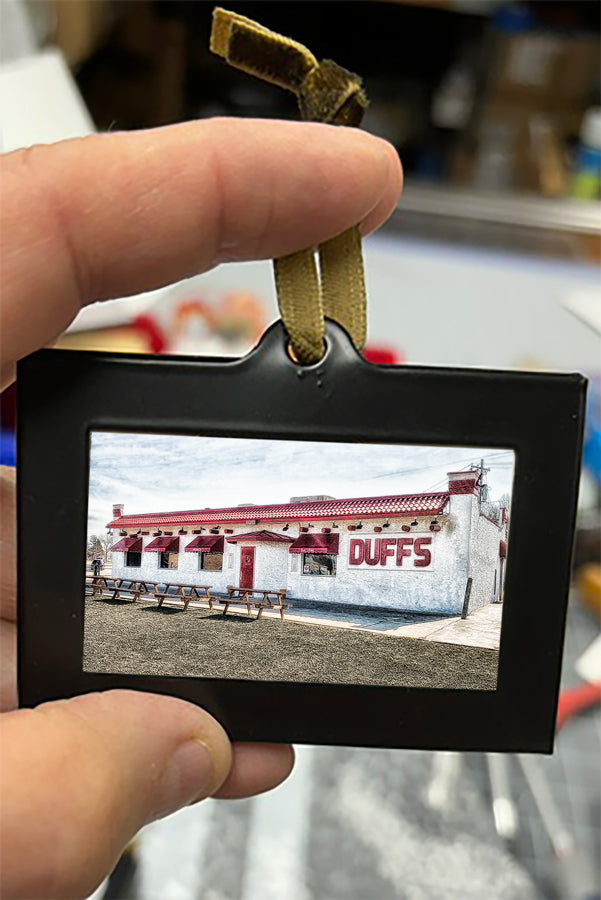 Mini Framed Artwork Ornament - Bill Dziejman's Art of Duff's Famous Wings restaurant, a fun Buffalo food landmark for holiday tree decor.