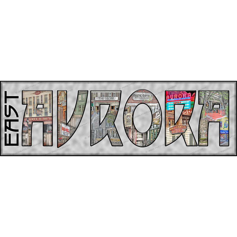 East Aurora Name Collage Art - Photo Wall Art with vibrant images of East Aurora shops inside each letter. Ideal for nostalgic home decoration.