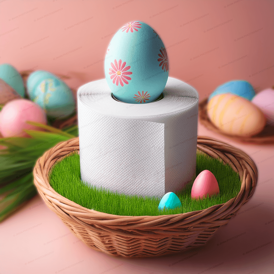 Close-up of Easter-themed toilet paper wall art with colorful eggs and grass in a wicker basket. Adds playful charm to bathroom decor.