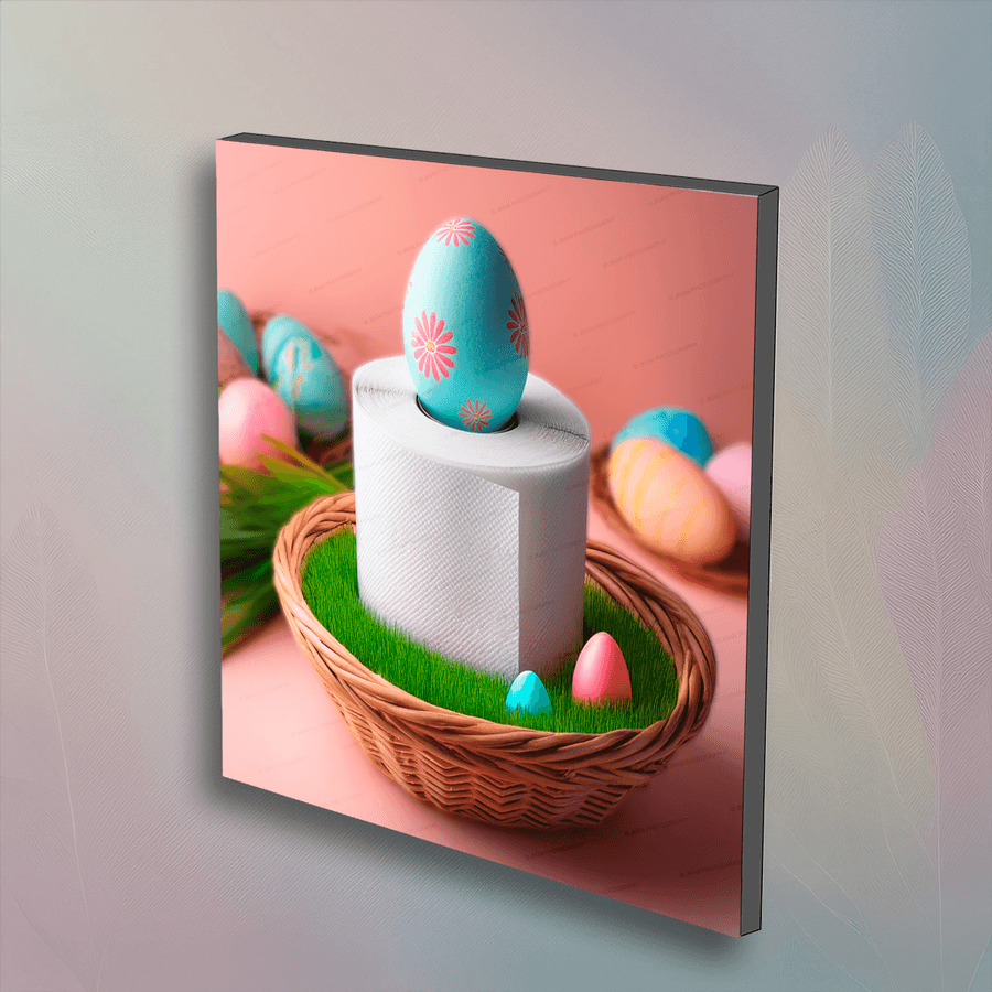 Easter toilet paper decor wall art featuring a pastel egg on a roll in a grass-lined basket. Festive bathroom accent for spring celebrations.