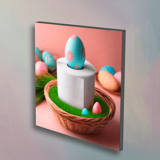 Easter toilet paper decor wall art featuring a pastel egg on a roll in a grass-lined basket. Festive bathroom accent for spring celebrations.