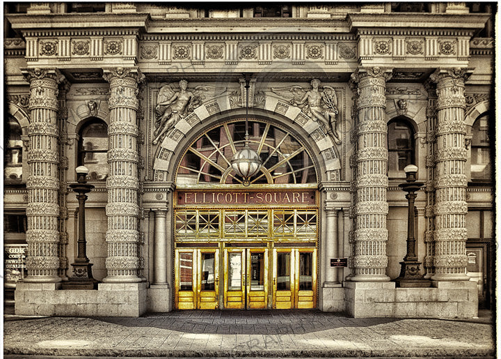Vintage-style photo of Ellicott Square Building entrance in Buffalo, NY, featuring ornate columns and golden doors, perfect for historic wall art.