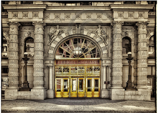 Vintage-style photo of Ellicott Square Building entrance in Buffalo, NY, featuring ornate columns and golden doors, perfect for historic wall art.