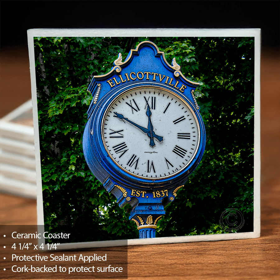 Ellicottville Clock Coaster - Ceramic with cork backing featuring a vivid photo of the historic Ellicottville clock by Jman Photography. Ideal for protecting surfaces in home bars or kitchens.