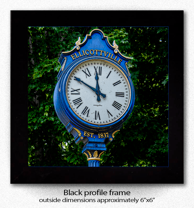 Ellicottville Clock Coaster - Ceramic with cork backing, featuring a vivid photo of the historic Ellicottville clock, framed in black. Ideal for home decor.