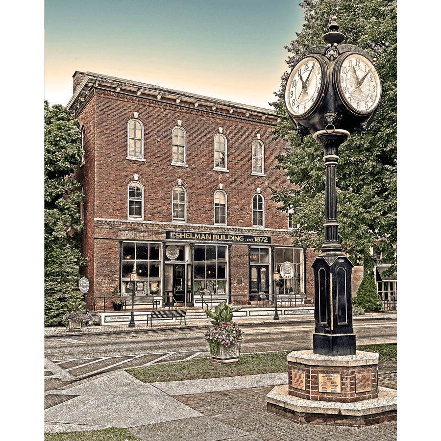 Eshelman Building Prints - Clarence Center Photography featuring historic brick architecture and vintage street clock in Buffalo-WNY style.