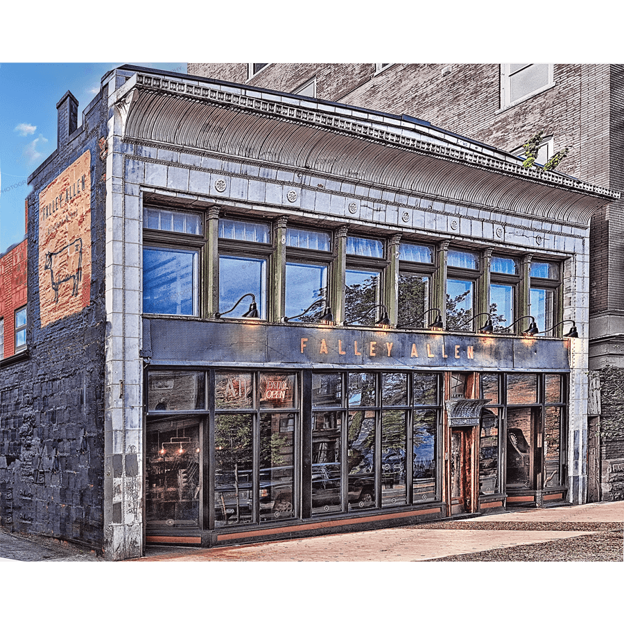 Falley Allen - Falley Allen Poster | Home & Office Decor featuring the iconic Buffalo restaurant facade on Allen Street, ideal for nostalgic wall art.