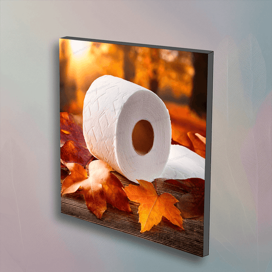 Fall Leaves Toilet Paper wall art featuring a roll of toilet paper on autumn leaves, perfect for seasonal bathroom decor and unique home accents.