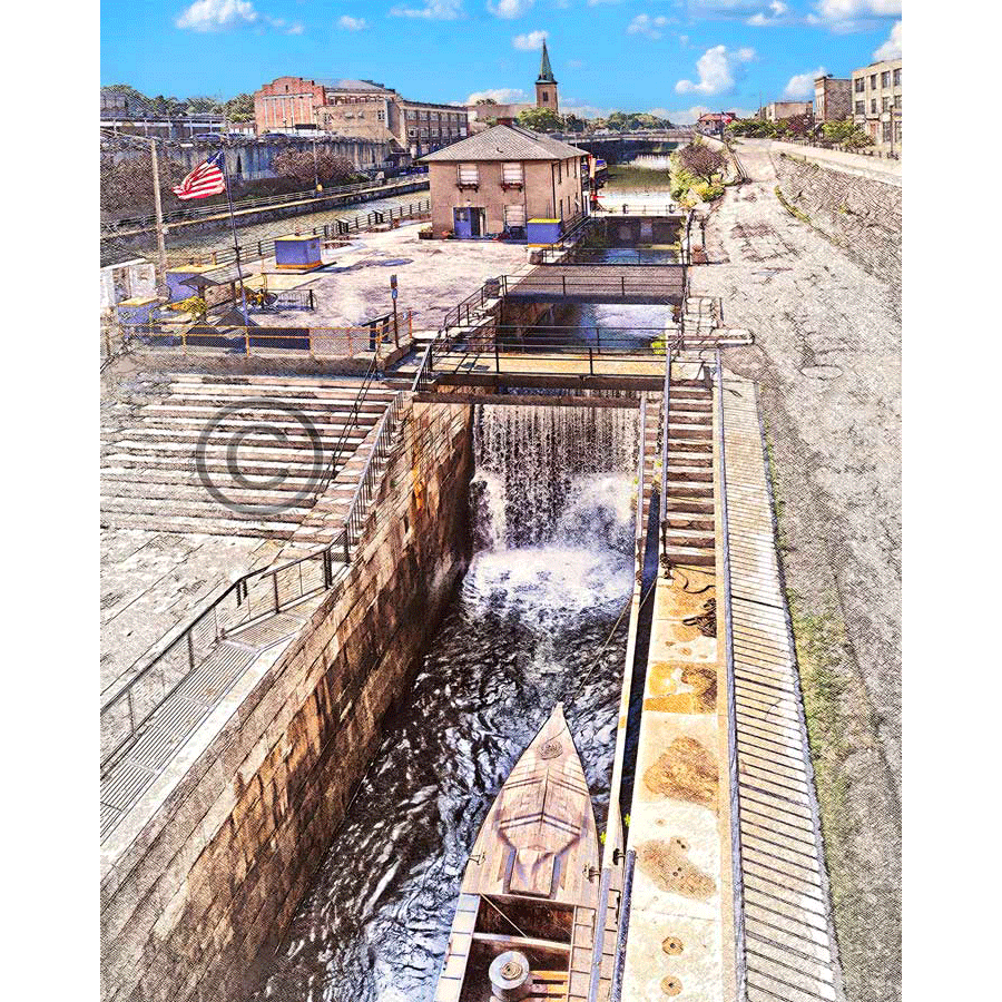 Lockport Locks Magnet featuring a vivid photo of Lockport canal with boat and historic buildings. Ideal for fridge or locker decor.