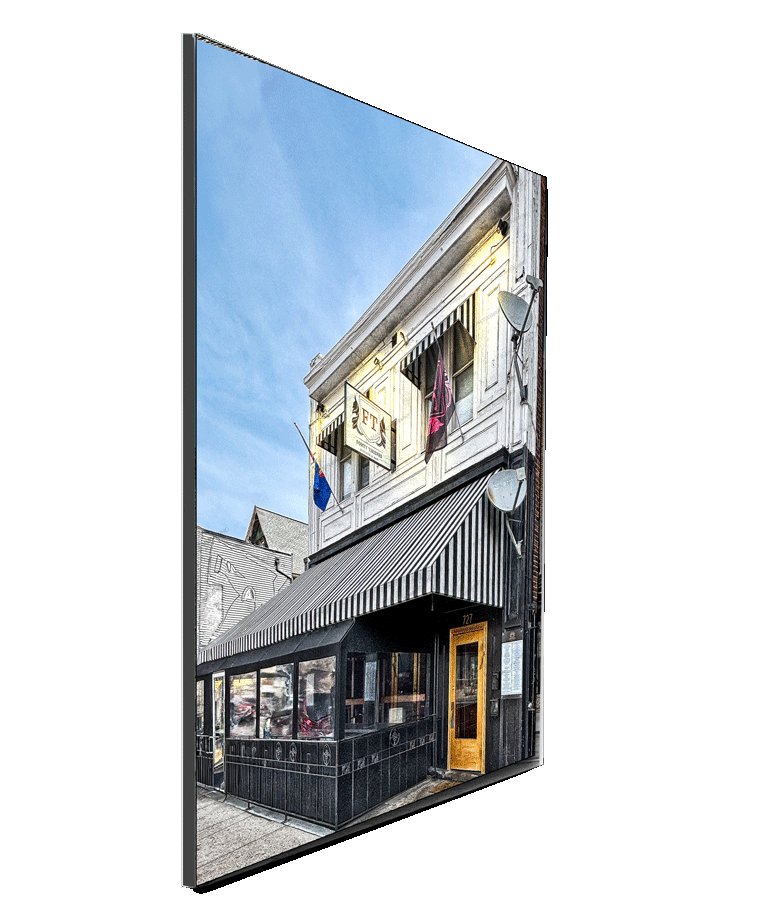 Side view of 40 Thieves Cafe photography print, showcasing vibrant detail and float-mounted design for stylish wall display in any room.