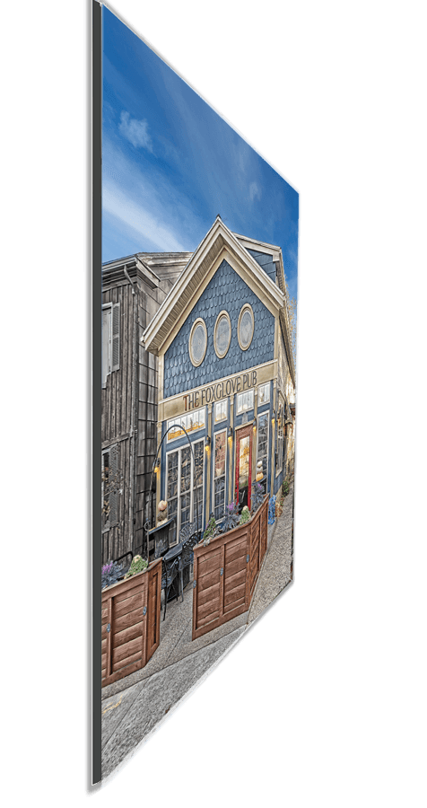 Angled view of FoxGlove Pub Print - Buffalo NY Photography mounted on a sleek panel, perfect wall art for Buffalo landmarks enthusiasts.