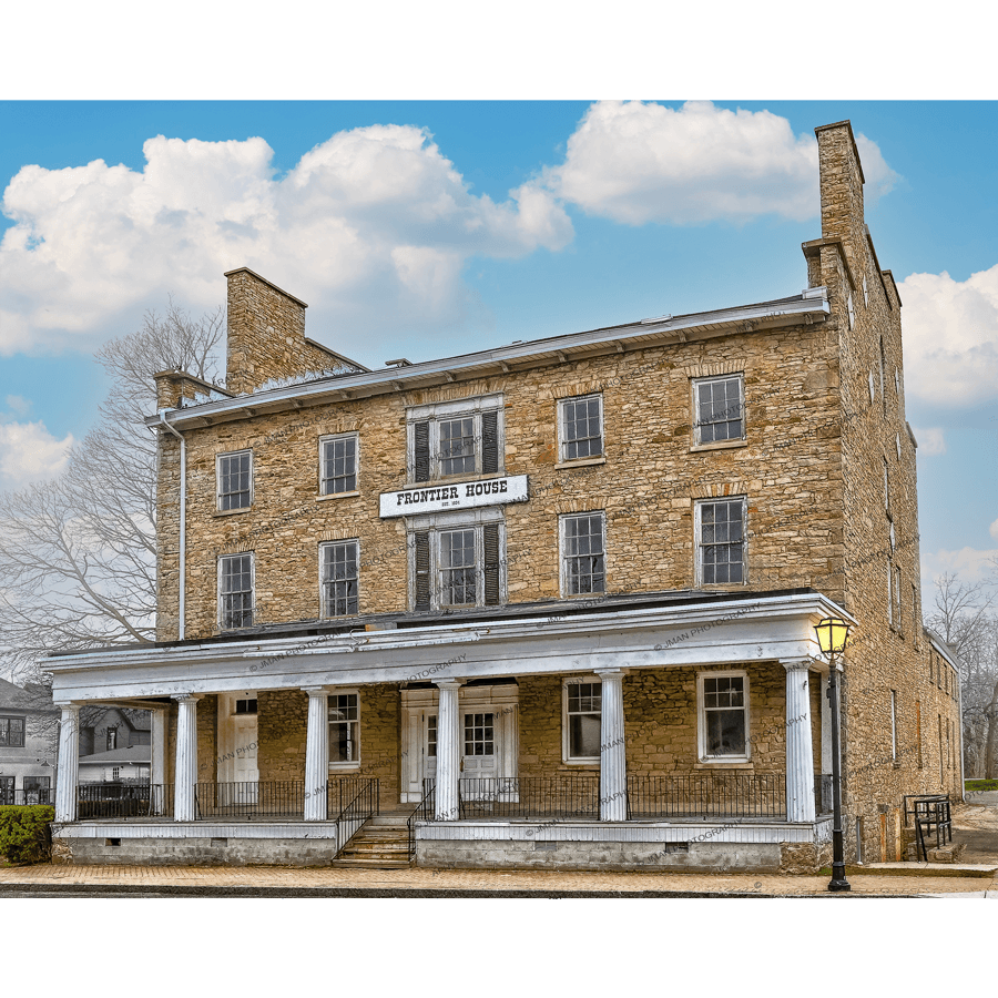 Frontier House Photo Art - Historic Capture of Lewiston NY landmark in rustic brick with white columned porch, available in 5 sizes for home decor.