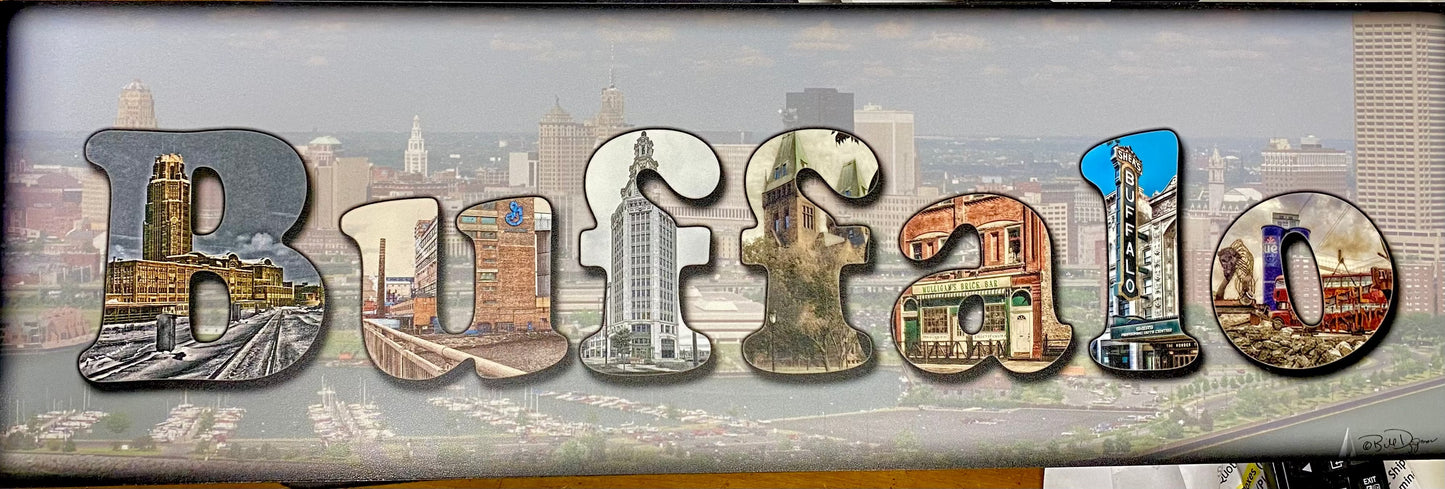 Buffalo Lettering #11 - Buffalo Skyline Photography artwork featuring Central Terminal and Electric Tower in stylized letters over cityscape background.