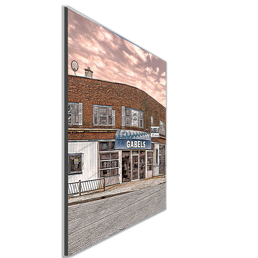Angled view of Gabels on Hertel Avenue - Wall Art Print, showcasing the mounted artwork with vibrant Buffalo landmark imagery.
