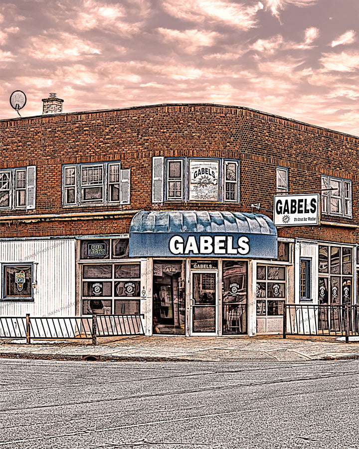 Gabels on Hertel Avenue wall art print featuring a vintage-style photo of the iconic Buffalo bar-restaurant under a pink sky.