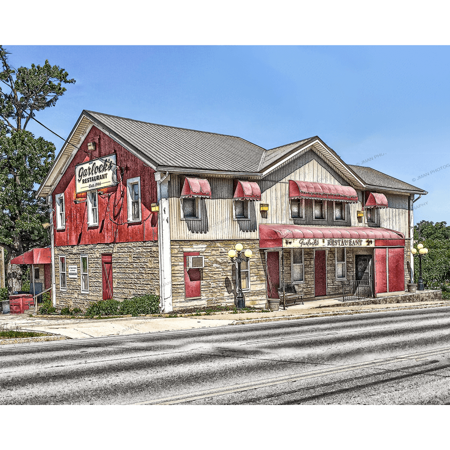 Garlock's Image - Photography print of historic Lockport restaurant with red and beige facade, ideal for Buffalo-WNY nostalgia wall art.