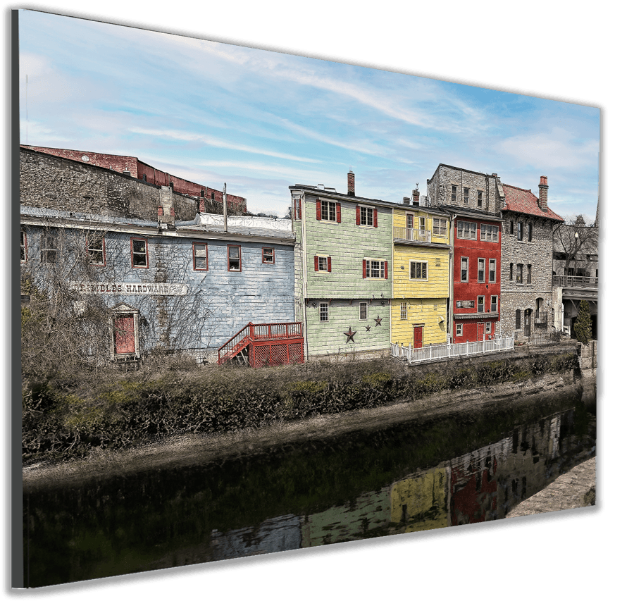 Erie Canal art print titled Grimbles Canal Image, mounted on a sleek black panel. Scenic Lockport architecture for Buffalo-WNY photo collectors.