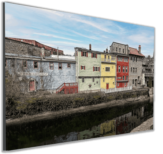 Erie Canal art print titled Grimbles Canal Image, mounted on a sleek black panel. Scenic Lockport architecture for Buffalo-WNY photo collectors.