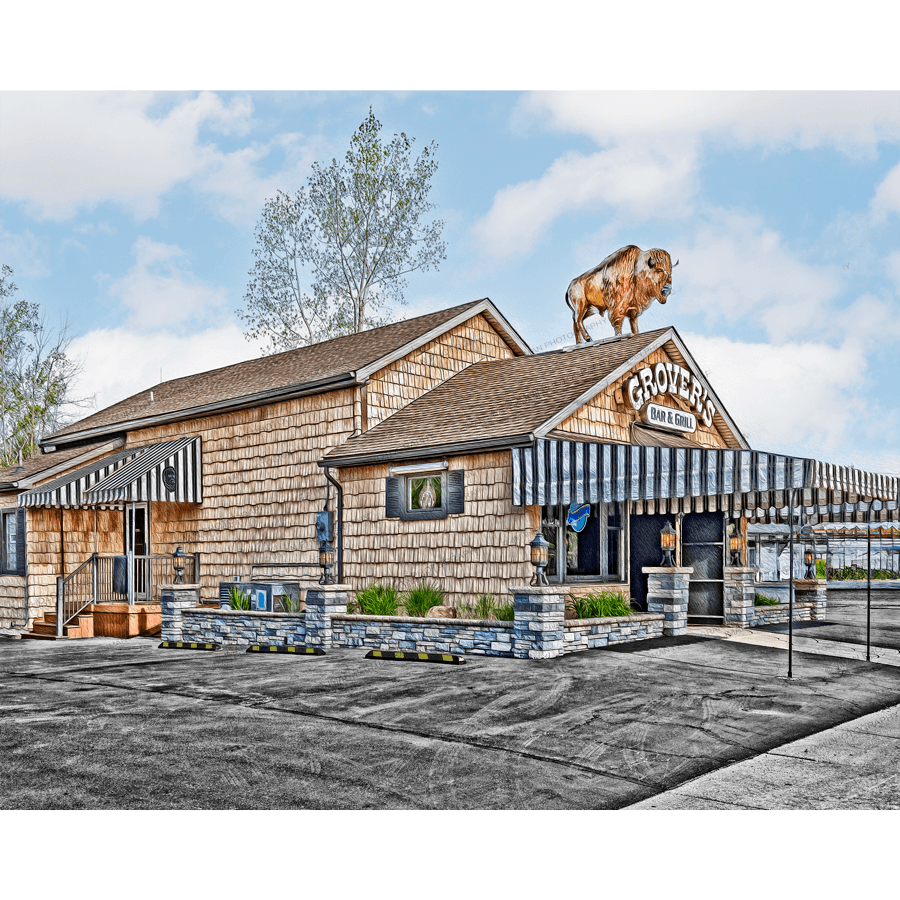 Grover's Bar & Grill Art Print - Iconic Photography of Buffalo NY restaurant with striped awnings and rooftop buffalo statue, ideal for home decor.