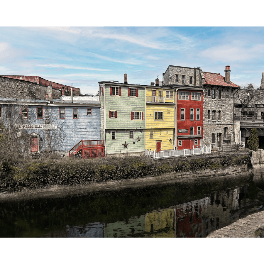 Grimbles Canal Image - Erie Canal Art Print featuring colorful historic buildings along Lockport's Erie Canal. Ideal for nostalgic home decor.