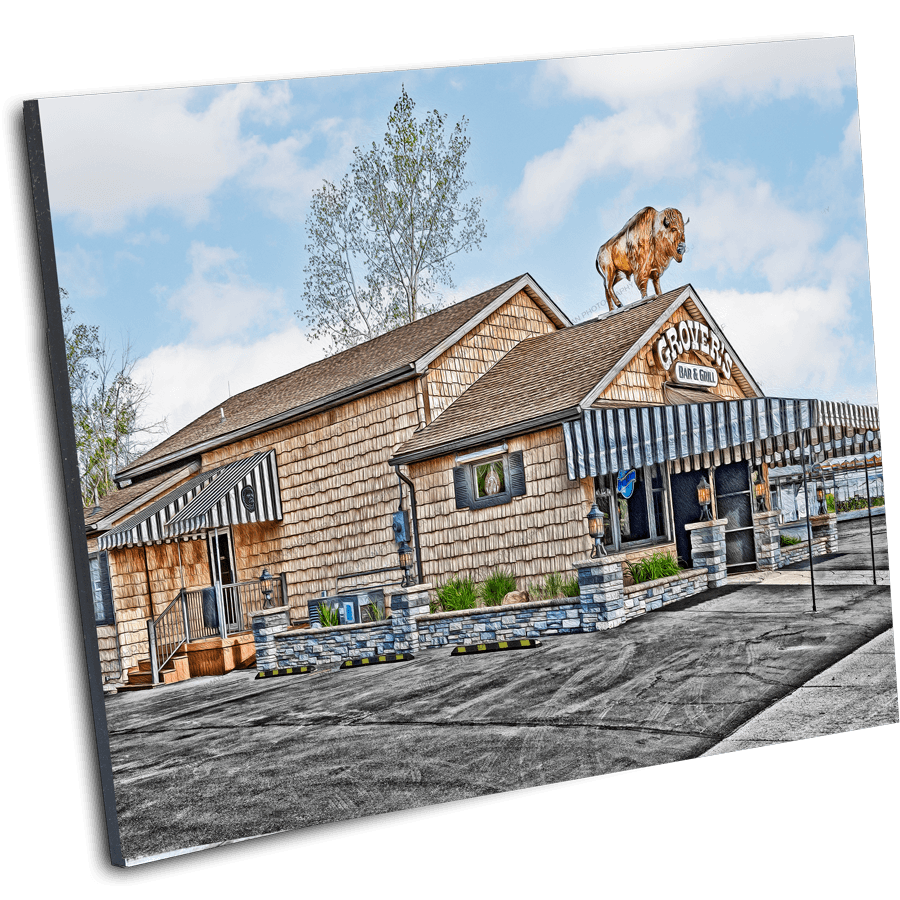 Tilted Grover's Bar & Grill Art Print featuring iconic Buffalo NY diner with rustic siding and bold signage, perfect nostalgic wall art.
