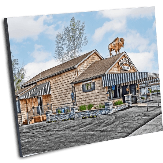 Tilted Grover's Bar & Grill Art Print featuring iconic Buffalo NY diner with rustic siding and bold signage, perfect nostalgic wall art.