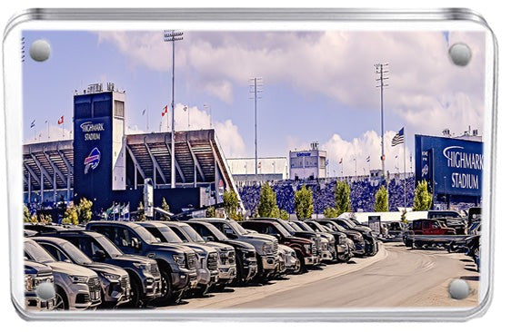 Buffalo Bills Stadium magnet featuring Highmark Stadium in daytime with parked cars in foreground. Ideal art for football fans and Buffalo landmarks lovers.