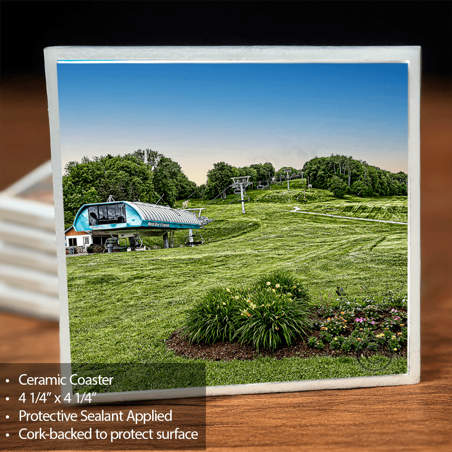 Ceramic coaster with cork backing featuring Holiday Valley Summer Mardi Grass Lift in Ellicottville. Ideal for protecting surfaces in home bars.