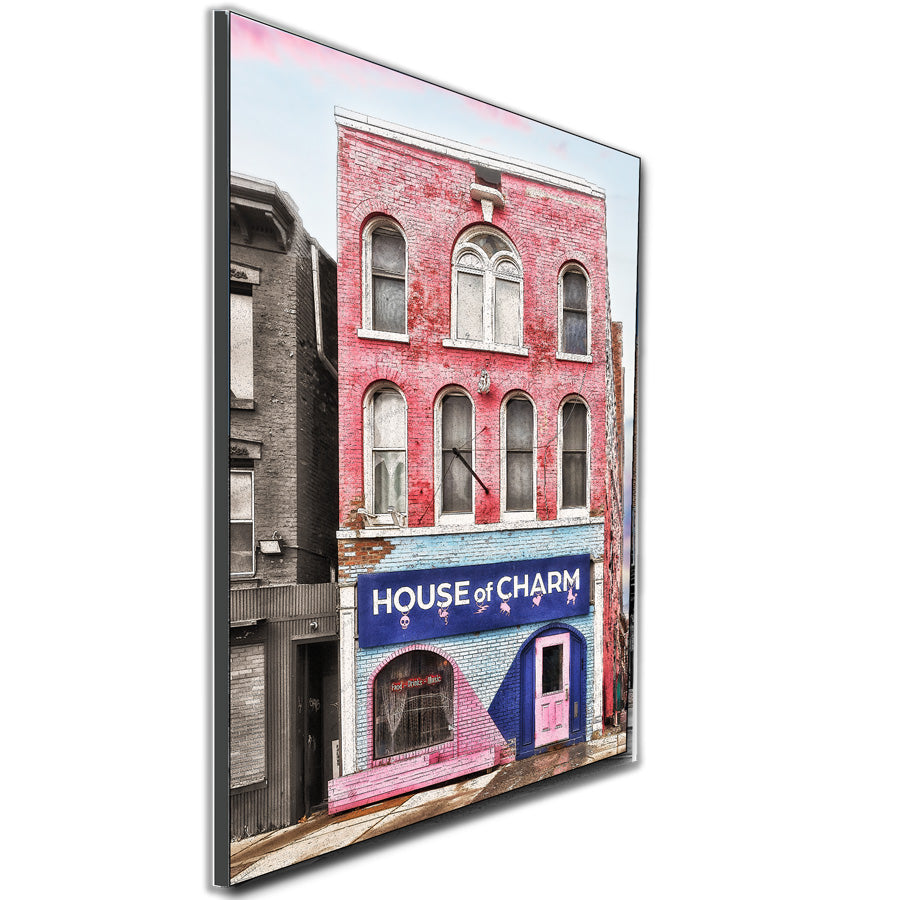 Angled view of House of Charm Print - Buffalo Art, showcasing vivid colors and architectural detail. Perfect for modern wall art collections.