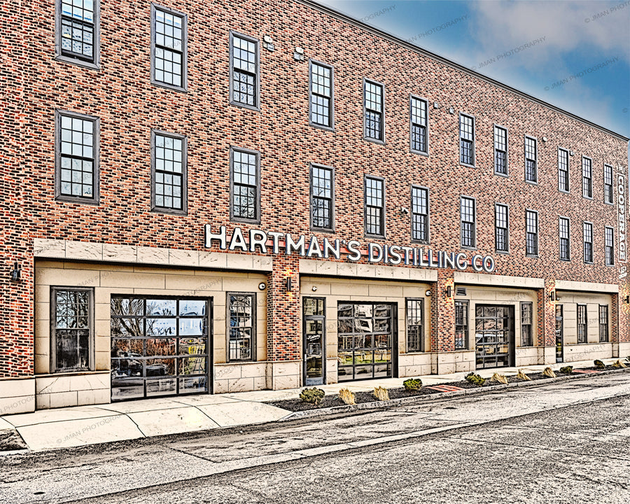 Hartman's Prints - Distilling Co. Art featuring historic Cooperage Building in Buffalo, NY. Ideal for vintage decor and Buffalo architecture lovers.