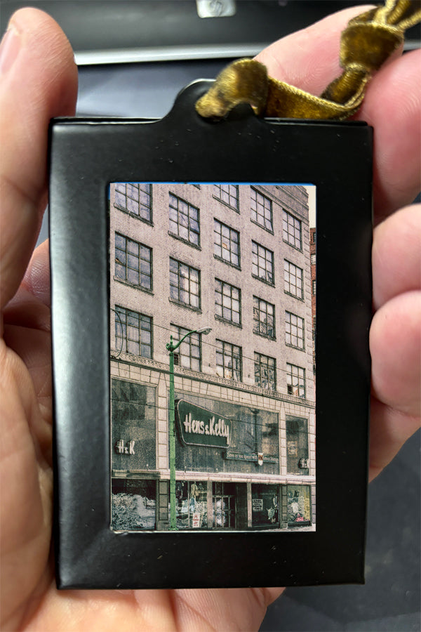 Mini Framed Artwork Ornament - Bill Dziejman's Art of Hens & Kelly department store building, perfect for vintage Buffalo holiday ornaments.