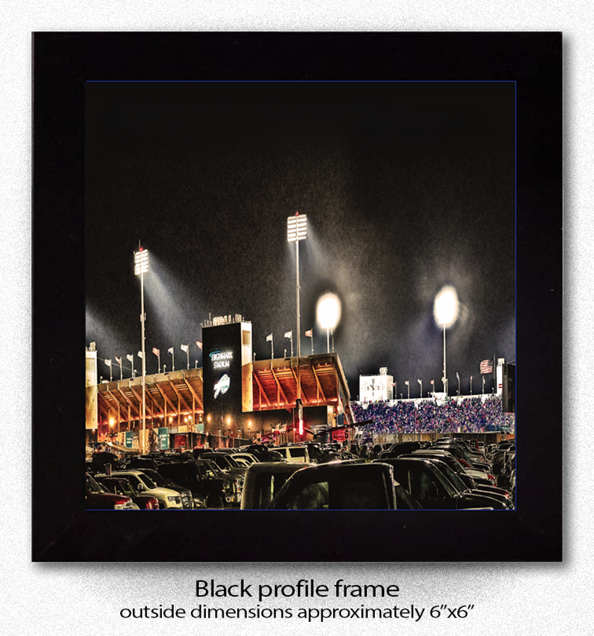 Highmark Stadium Nighttime Coaster with vivid lights and crowd scene, framed in black profile, perfect for protecting surfaces in barware settings.