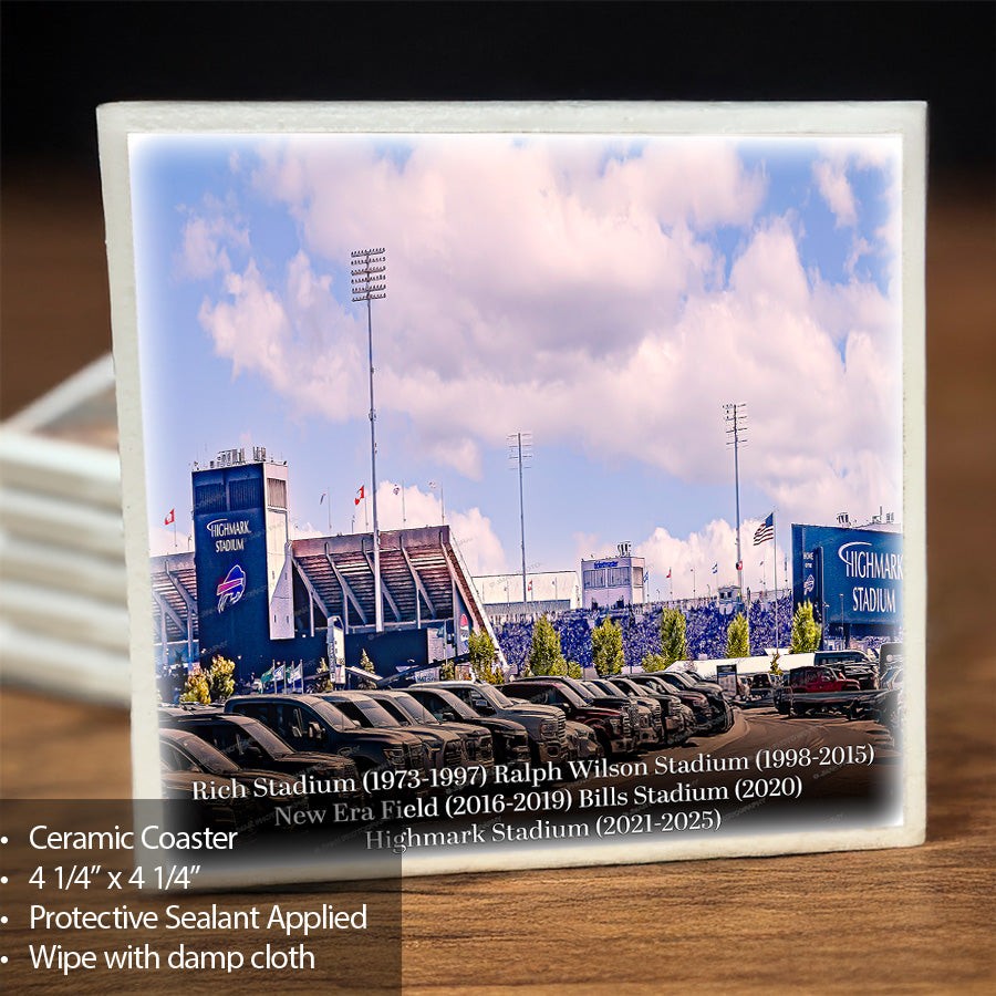 Buffalo Bills Stadium Print on ceramic coaster featuring Highmark Stadium in daytime with parked cars and blue sky, part of Jman Photography collection.