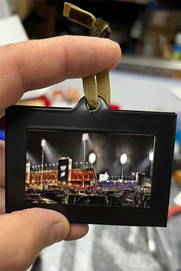 Mini Framed Artwork Ornament - Bill Dziejman's Art of a night football game at a lit stadium, perfect for sports-themed holiday ornaments.