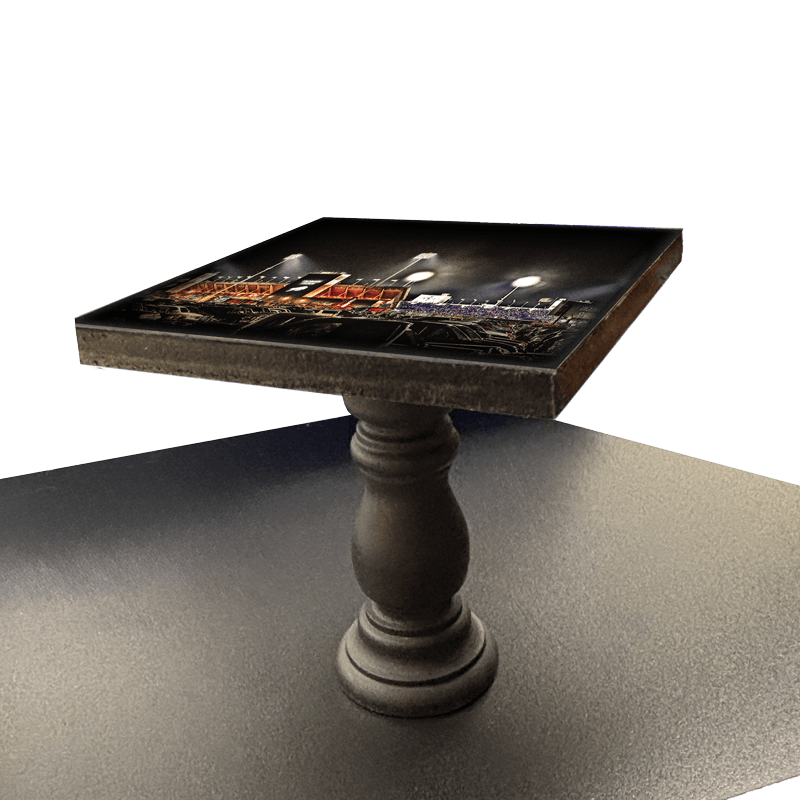 Highmark Stadium Mini Table with vibrant night stadium print on square tabletop. Unique bar stool decor for sports-themed or modern interiors.