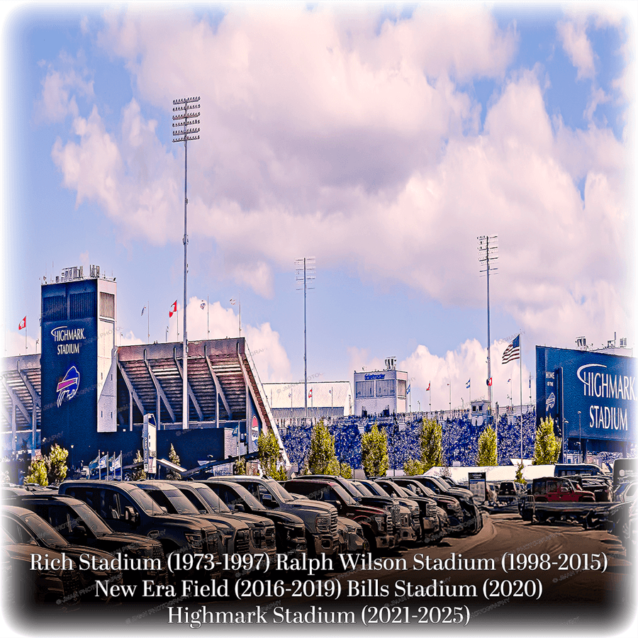 Buffalo Bills Stadium Print - Highmark Art shows Highmark Stadium in daylight with fans, signage, and a clear sky, perfect for wall decor.
