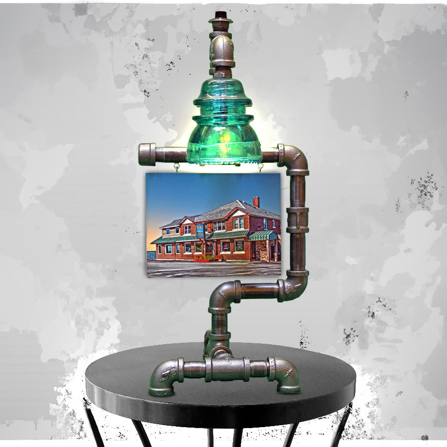 Industrial-style lamp featuring Hoak's Lakeshore Restaurant photo as a decorative element, blending Buffalo nostalgia with unique home lighting.