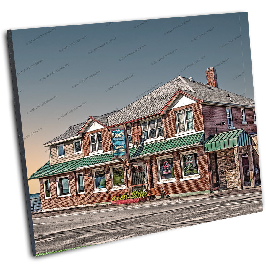 Angled view of Hoak's Lakeshore Restaurant photo mounted on a float panel, highlighting Buffalo landmark wall art for home or office decor.