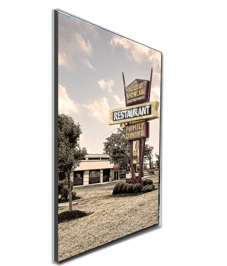 Mounted Buffalo print of Holiday Showcase Family Restaurant with vivid retro signage, perfect for home or office wall art in WNY-themed collections.