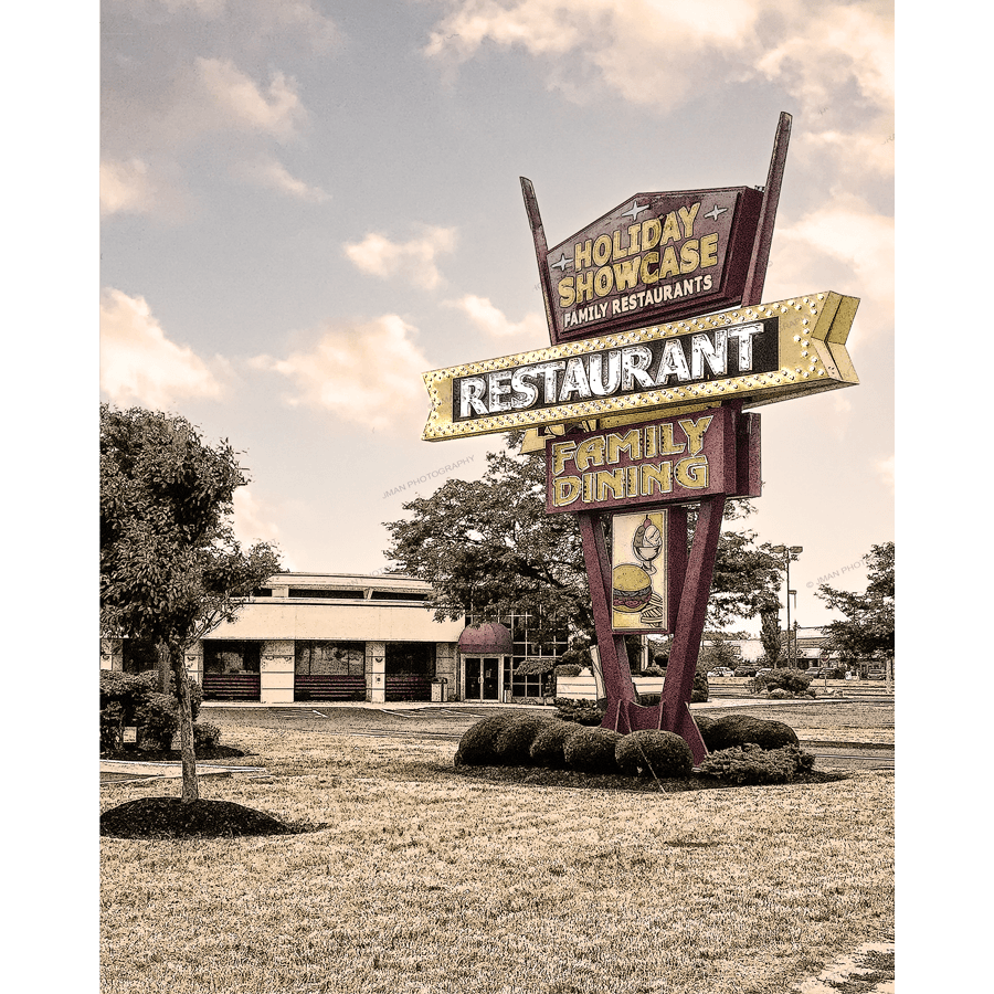 Holiday Showcase Family Restaurant retro sign in Buffalo, NY, captured in a nostalgic print from Jman Photography. Ideal for vintage decor lovers.