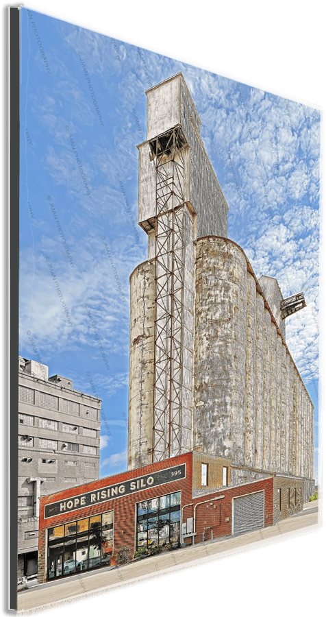 Hope Rising Wall Art - Jman Photography Print on mounted panel shows angled view of Buffalo’s iconic Hope Rising Silo, ideal for nostalgic room decor.