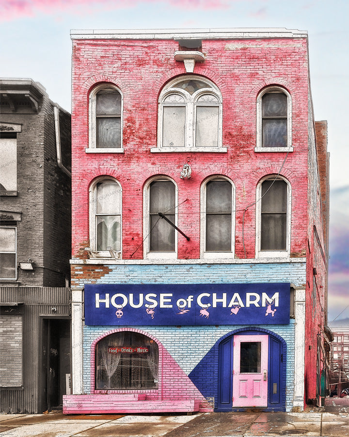 House of Charm Print - Buffalo Art featuring a vibrant pink and blue historic building facade in Buffalo, NY. Ideal for urban-themed home decor.