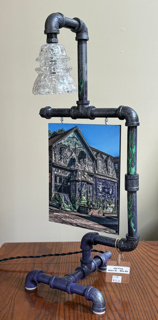 Old Pink Dive Bar-Steampunk Lamp-Buffalo NY Photo/lamp-Jman Photo featuring a vintage-style pipe lamp with glass shade and iconic Allentown bar image.