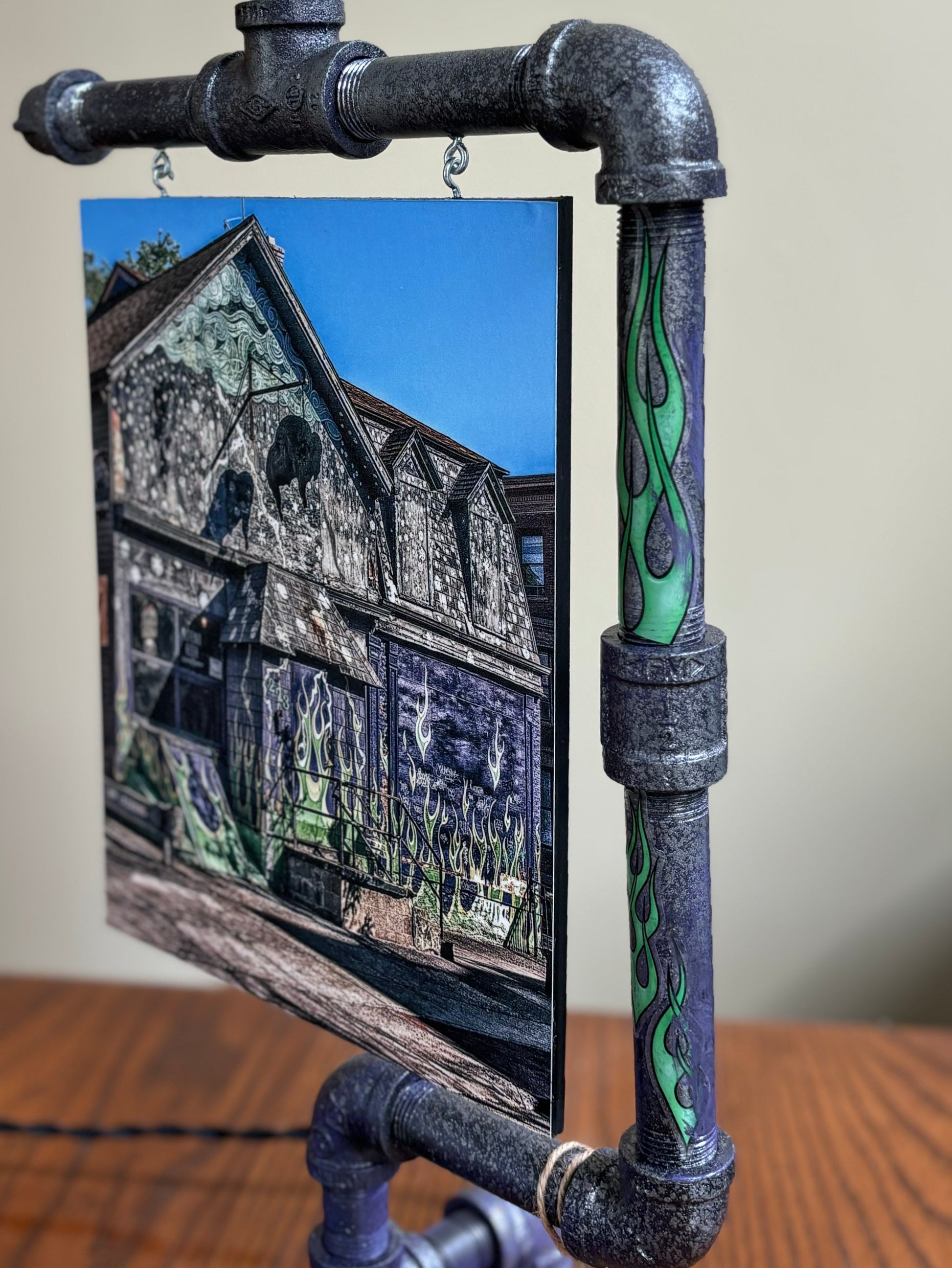 Green flame accents on Old Pink Dive Bar-Steampunk Lamp-Buffalo NY Photo/lamp-Jman Photo with vivid photo of Allentown’s iconic dive bar.