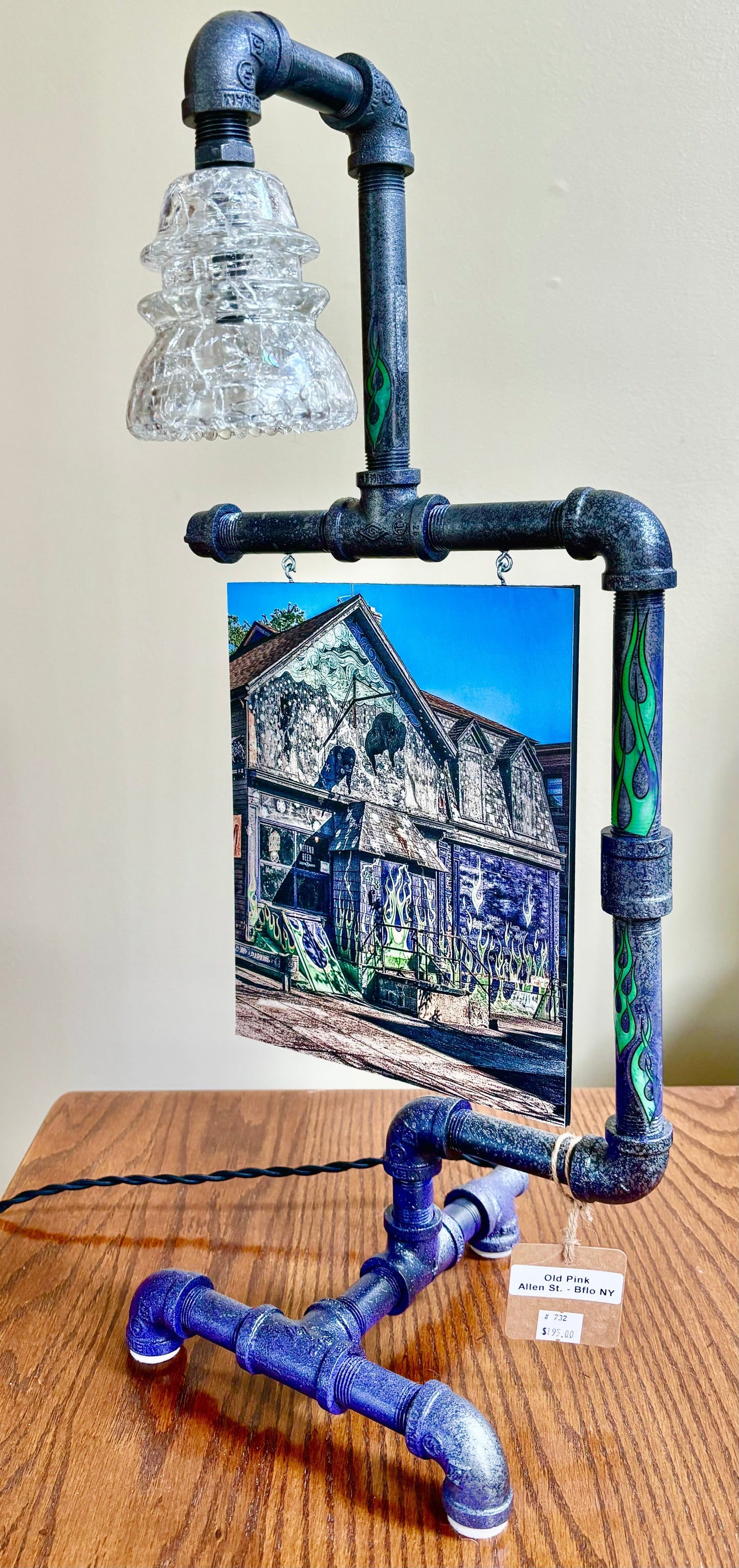 Side view of Old Pink Dive Bar-Steampunk Lamp-Buffalo NY Photo/lamp-Jman Photo showcasing flame-painted pipes and historic Buffalo bar photo.