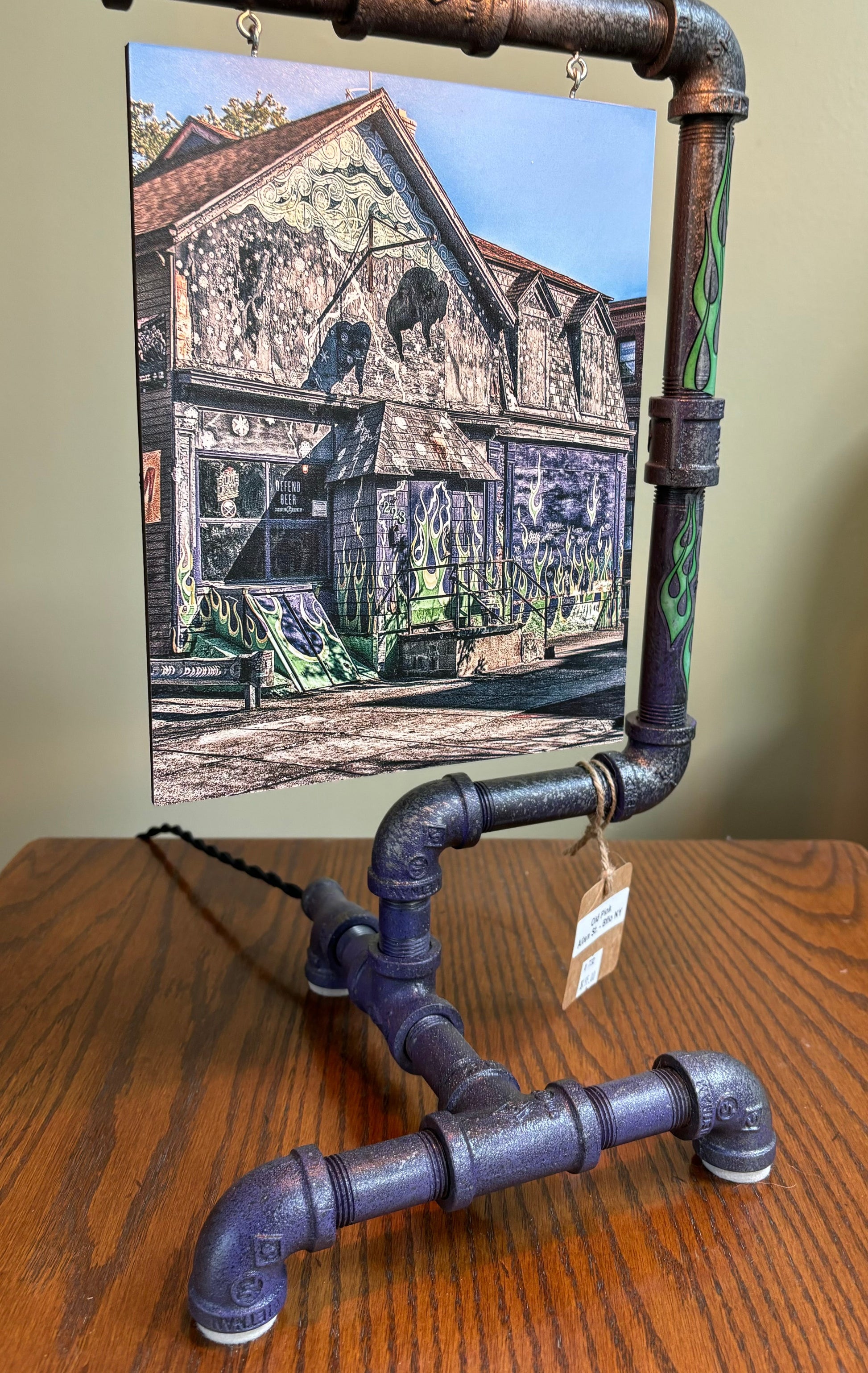 Close-up of Old Pink Dive Bar-Steampunk Lamp-Buffalo NY Photo/lamp-Jman Photo showing detailed Buffalo landmark photo and industrial pipe frame.