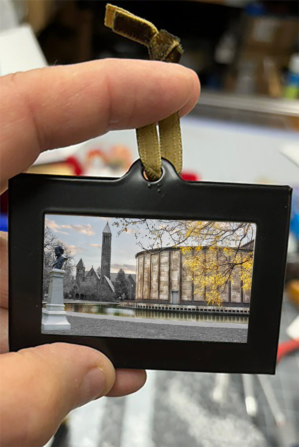 Mini Framed Artwork Ornament - Bill Dziejman's Art featuring Buffalo State campus with statue and fall foliage, ideal for academic-themed decor.