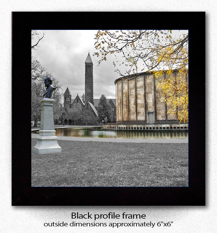 Framed Kleinhans Music Hall ceramic coaster with black profile frame, showcasing Buffalo architecture in a 6x6 inch display.